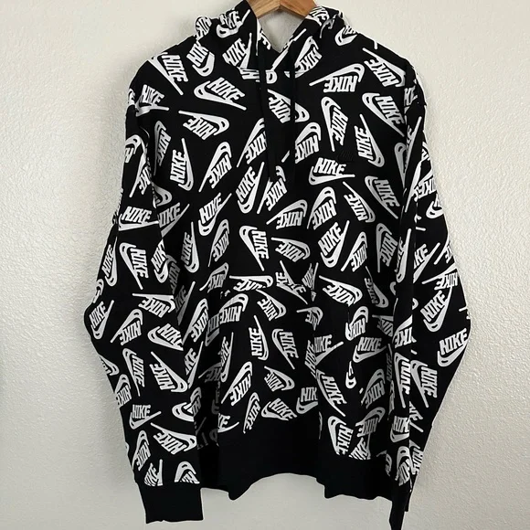 Nike Club Fleece All Over Print Swoosh Hoodie Black - Picture 1 of 6